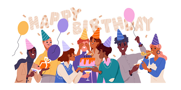 People at birthday party. Happy office team surprise congratulate boy with cake and candles, balloons and confetti. Group of smiling colleagues celebrate together. Cartoon flat vector illustration