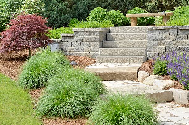 Professional Landscaping A professional landscaping job with stone path and stone steps. hardscape photos stock pictures, royalty-free photos & images