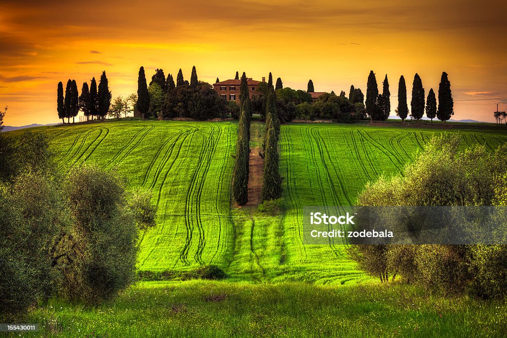 Bela Paisagem Toscana com típica Casa de Campo ao pôr do sol - Royalty-free Entrada de Edifício Foto de stock