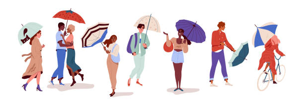 люди, идущие с зонтиками вектора - scarf blowing women autumn stock illustrations