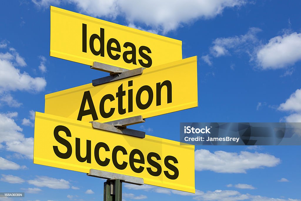 Ideas, Actions, Success Road Sign Activity Stock Photo