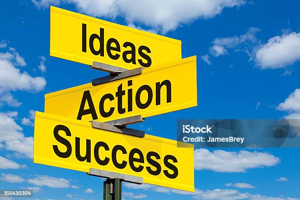 Ideas Actions Success Road Sign Stock Photo - Download Image Now - Activity, Aspirations, Blue