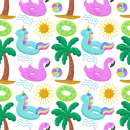 Various items for the beach and recreation.  Inflatable swimming circle with blue unicorn, flamingo, palm tree, sun and waves. Seamless vector pattern on summer and marine themes.