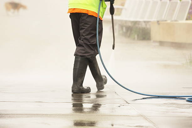 Worker Steam Cleans Sidewalk Dog stock photo
