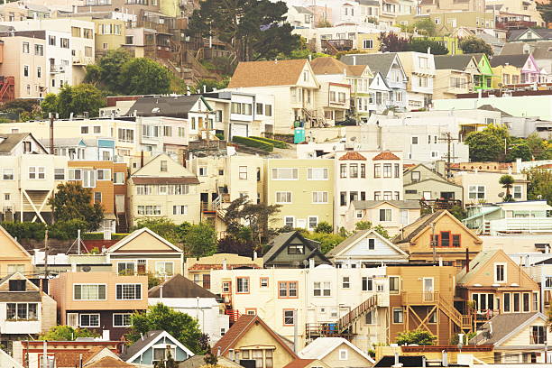 San Francisco Daly City Neighborhood Suburb The Sunset - Outer Sunset - Westlake District areas of San Francisco, which transition to Daly City, Colma, Serramonte and South San Francisco, or the Industrial City - residential communities sprawling up a hillside,  San Francisco, California, 2012. baker beach stock pictures, royalty-free photos & images
