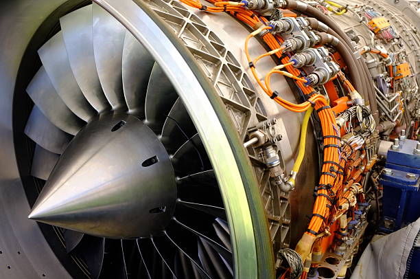 Jet engine. Wide angle close-up image of aeronautical engine, belonging to a Euro-fighter Typhoon. titanium stock pictures, royalty-free photos & images