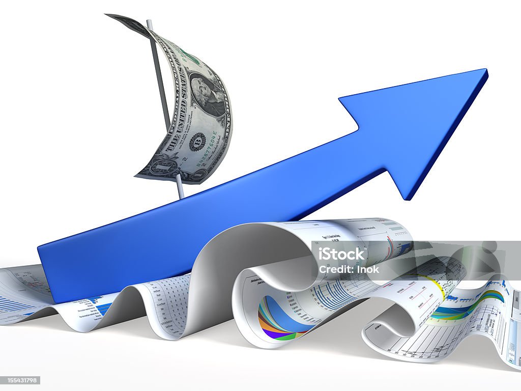 Succes Succes - symbolical 3d illustration.  Blue arrow it is Ship at wave from paper... And money this Sail. Arrow Symbol Stock Photo