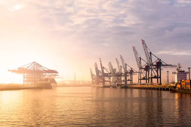 Hamburg harbour on a foggy morning at sunrise.