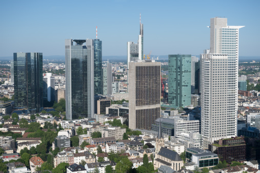 Downtown Frankfurt, Germany, aerial view seen from Messeturm highrise. Frankfurt is Germany's financial center and subject to heavy protests against banks and capitalism.