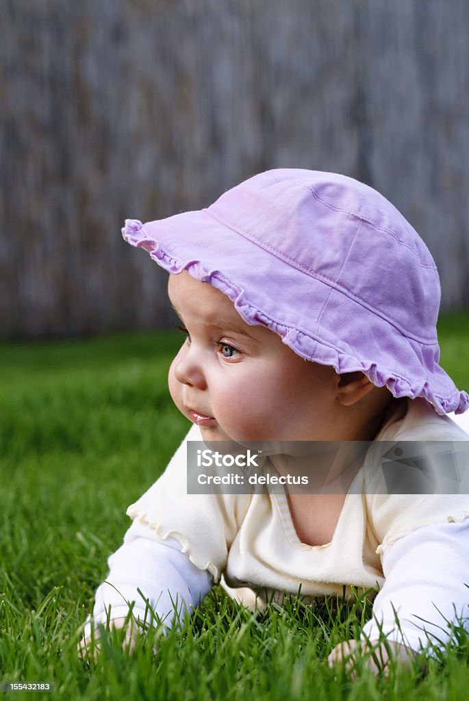 Baby girl on the grass. Baby girl 6 months old, scrabbles on the grass. 0-11 Months Stock Photo