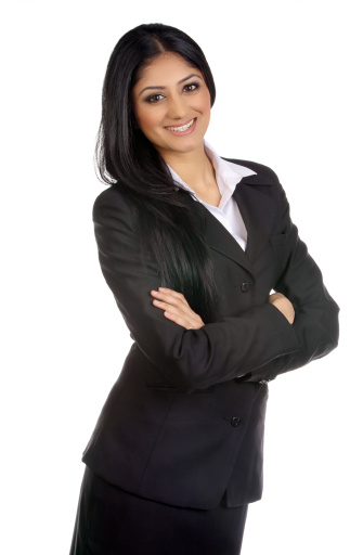 Beautiful young asian/indian businesswoman portrait posing on isolated white background