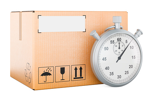 Parcel with stopwatch. Fast delivery concept, 3D rendering isolated on white background
