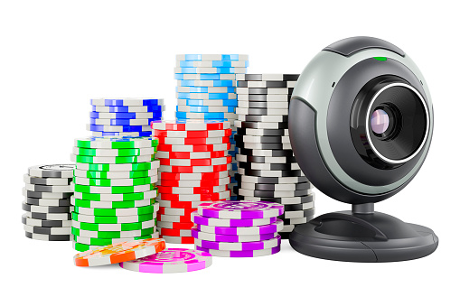 Webcam with casino tokens, 3D rendering isolated on white background