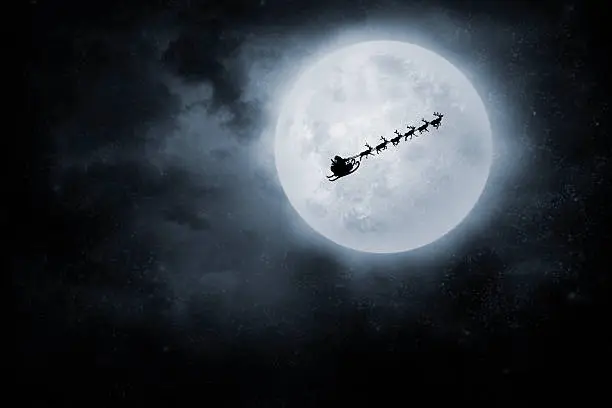 Santa flies to deliver gifts. On night sky background