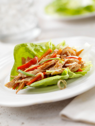 Teriyaki Chicken with Peppers, Carrots and Bean Sprouts in a Lettuce Wrap with a Bamboo Skewer holding it all Together- Photographed on Hasselblad H3D2-39mb Camera