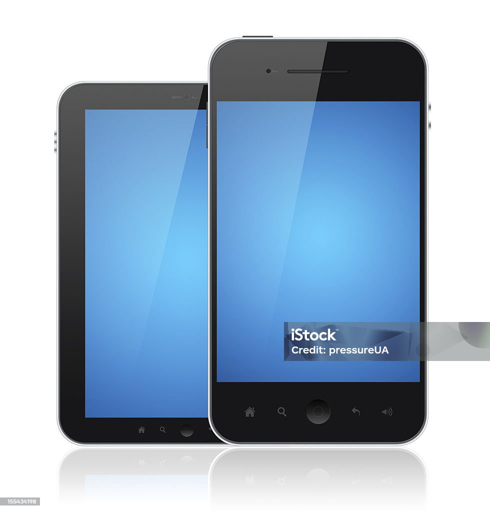 Modern Mobile Phones With Blue Screen Isolated Two mobile smartphones with blank blue screen isolated on white. Include clipping path for phones and screens. Black Color Stock Photo