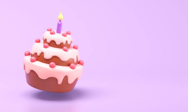 istock Birthday cake with candle on purple background 1554342892