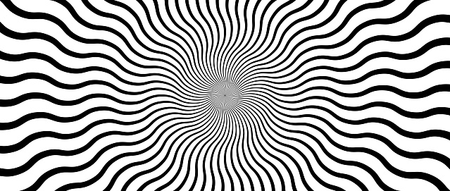 Optical illusion background. Black and white abstract distorted wavy lines surface. Radial waves poster design. Hypnotic ornamental horizontal wallpaper. Vector op art illustration