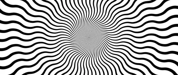 Vector illustration of Optical illusion background. Black and white abstract distorted wavy lines surface. Radial waves poster design. Hypnotic ornamental horizontal wallpaper. Vector op art illustration