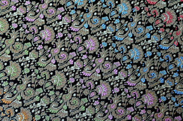istock Close-up of Floral Pattern Black Silk Textile 155436743