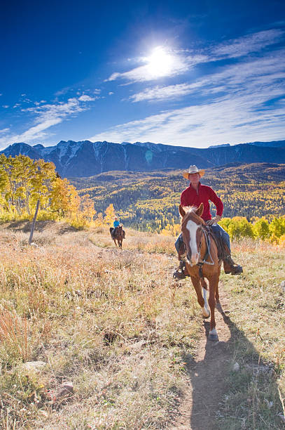 rocky mountain dla jesień krajobraz - cowboy horseback riding nature blue zdjęcia i obrazy z banku zdjęć