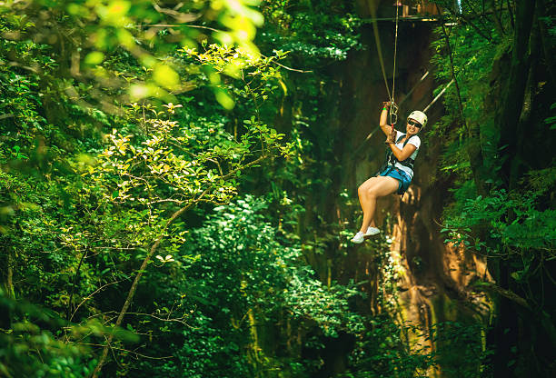 woman during a Canopy Tour Costa Rica woman in her 40s doing a Canopy Tour Costa Rica, zip lines between trees. tree canopy stock pictures, royalty-free photos & images