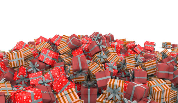 christmas presents with silver bow christmas presents with silver bow, isolated on white background stacked presents stock pictures, royalty-free photos & images