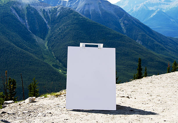 A blank billboard sign with copy space. The sign is in the Rocky Mountains and a scenic view is in the background.