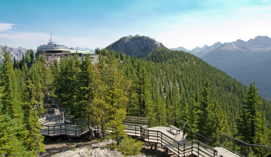 Looking down the scenic wood walkway towards the Sulphur Mountain Gondola Lookout and tourist center.