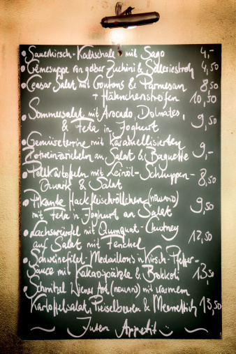 German Menu Board in a beer hall describing German cuisine