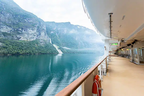Fjord View on a Cruise Ship on the promenade deck in the Fjords of Norway