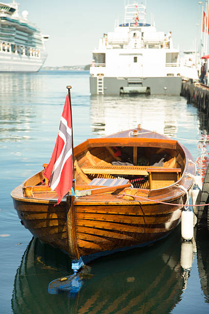 Wooden Row Boat with Norwegian Flag