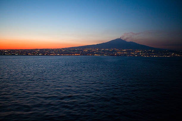 Mount Vesuvius and the Bay of Naples, as seen from the Sorrento peninsula in Italy.