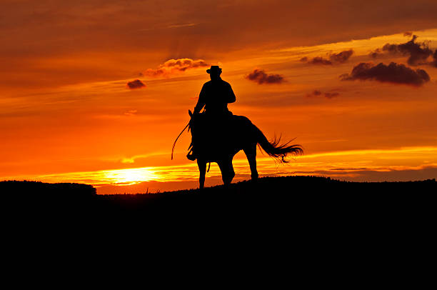 cavalcate da cowboy al tramonto - ausenaufnahme foto e immagini stock