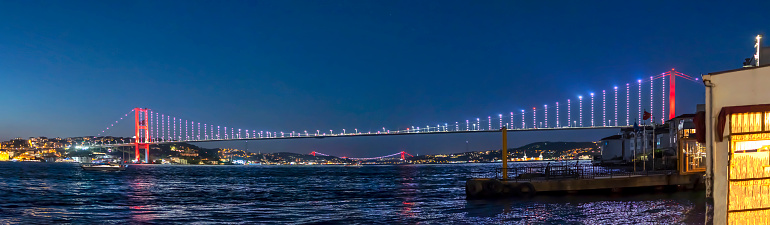 Istanbul, Turkey : July 18, 2023: Istanbul bosphorus night, Fatih Sultan Mehmet Bridge, Turkey