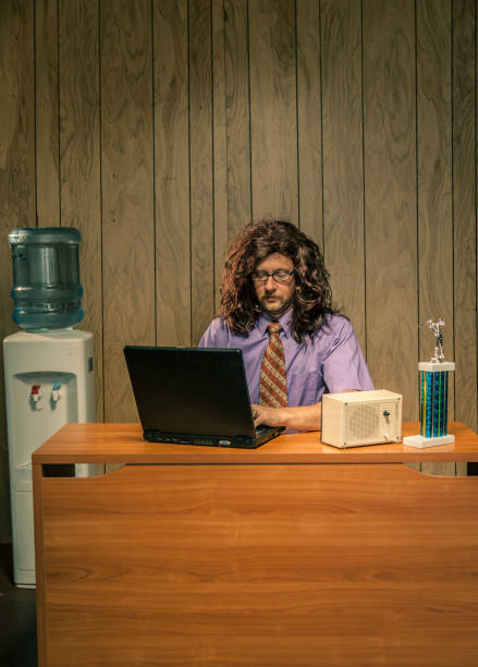 istock Working Retro Office Nerd Computer Technician Guy Shaggy Hair 155439166