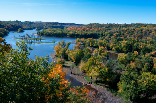 Trees are turning shades of autumn on the St. Croix River which borders Minnesota and Wisconsin.