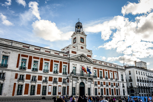 Madrid, Spain, September 8, 2023: partial view of the Plaza Mayor at noon on a summer day