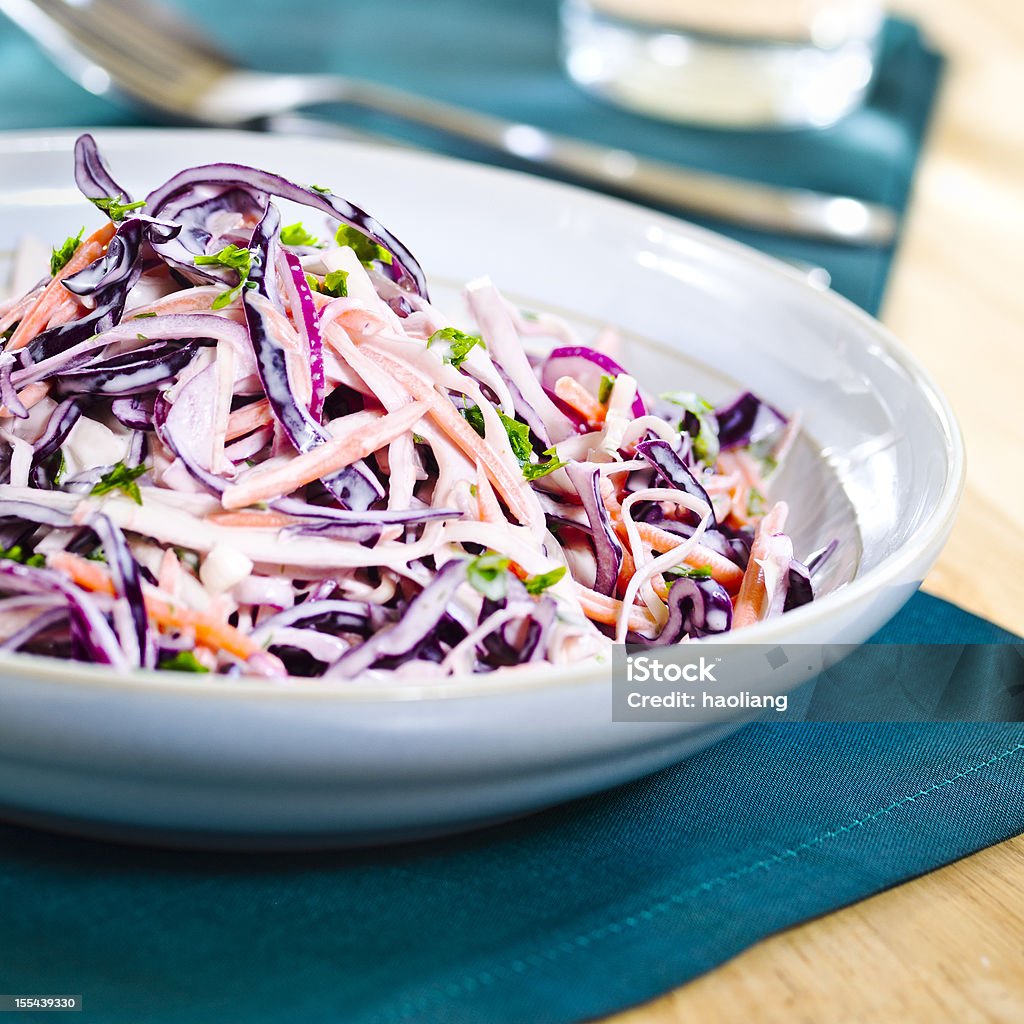 A colorful plate of coleslaw salad healthy salad coleslaw,made by shredded red cabbage,white cabbage,carrot,red onion,white wine vinegar and mayonaise,fine chopped parsley for garnish. Coleslaw Stock Photo
