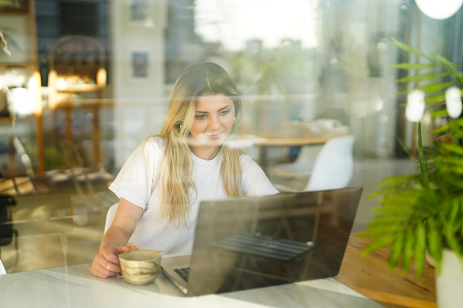 young woman sitting at table by window in cafe studying on laptop
