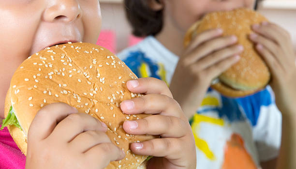 ボーイとガールのハンバーガーズ - overweight child eating hamburger ストックフォトと画像