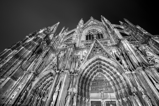 Black and white night shot of the cathedral in Cologne (Koln) Germany