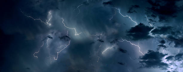 Thunderstorm Cloudscape Dramatic sky full of lightnings. ominous photos stock pictures, royalty-free photos & images