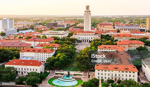 University Of Texas Austin Campus At Sunset Aerial View Stock Photo - Download Image Now