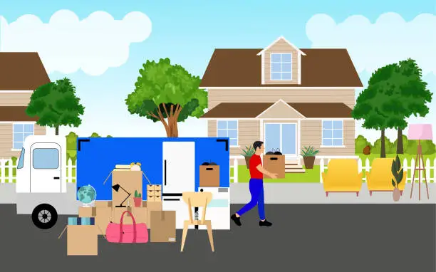 Vector illustration of a man carries his packed belongings to his new home