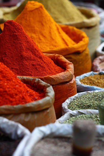 Traditional potted spices found on a market