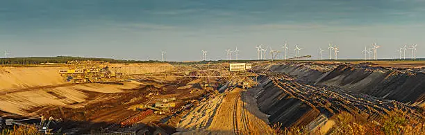 Brown coal opencast mining, Germany, Cottbus. Panorama of 9 frames. Recorded just before sunset.