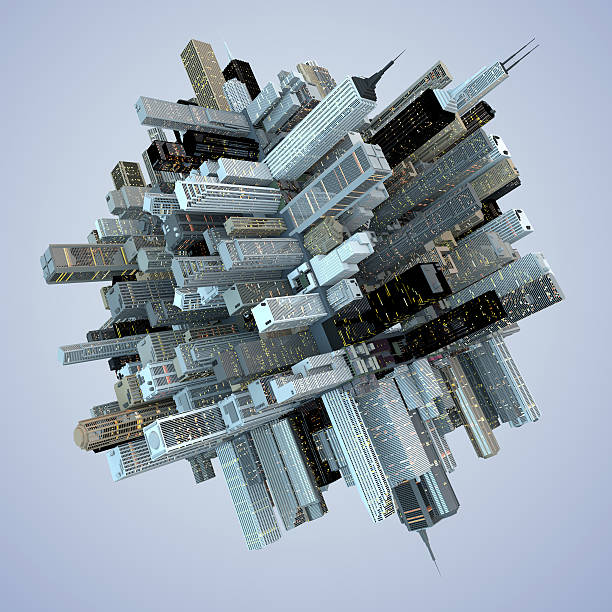 футуристический глобус architecture небоскребы города 3d куб ов абстрактный - сфера иллюстрации стоковые фото и изображения