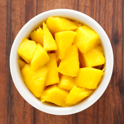 Top view of white bowl full of diced mango