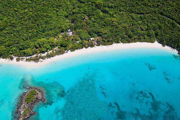 aerial shot of Trunk Bay, St. John, US Virgin Islands aerial shot of the most beautiful Caribbean beach - Trunk Bay, St. John, US Virgin Islands, taken from a light aircraft virgin islands photos stock pictures, royalty-free photos & images